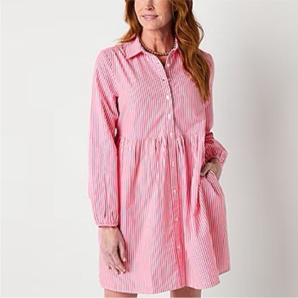 St. John's Bay pink and White Striped Shirt dress with pockets sz small